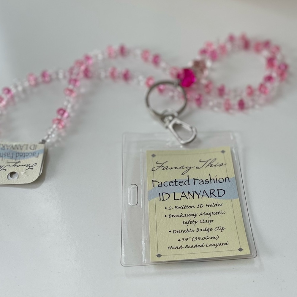 FANCY THIS // Faceted Fashion Hand Beaded Window ID Badge Lanyard Rose Pink